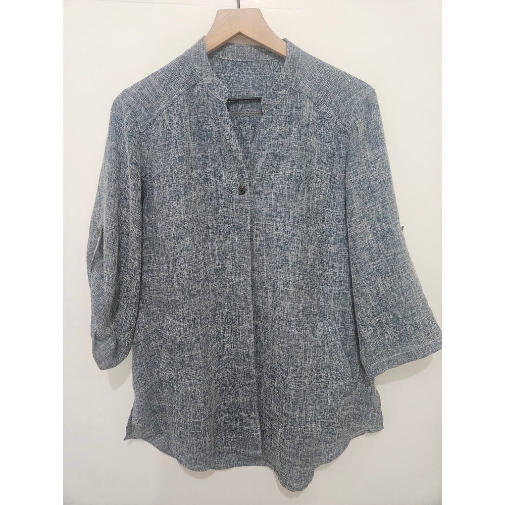 Fridaze Signature Collection Blue Linen Blend Button Front Tunic Top Large